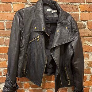 DKNY Lambskin Leather Moto Zip Jacket Black Asymmetrical Buckled Gold Cuff